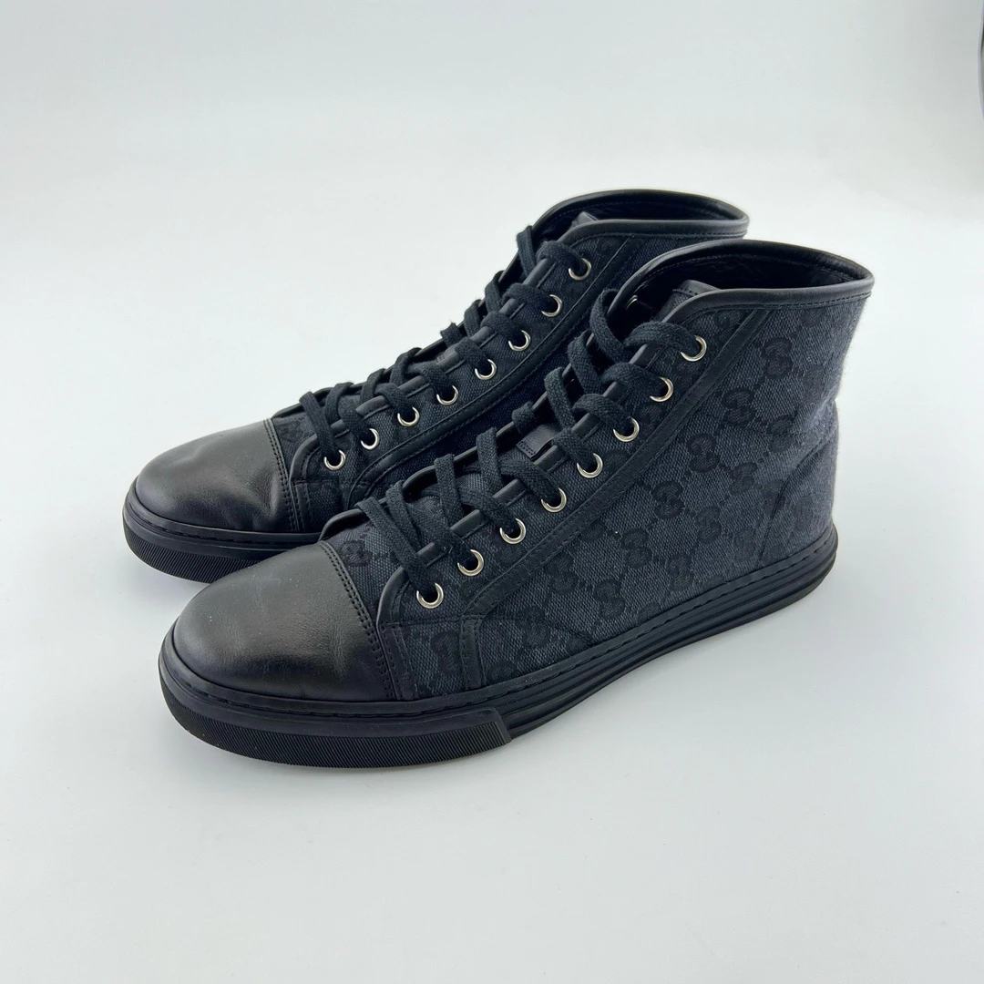 95新 GUCCI/古驰 41.5码/蓝黑色经典老花满印高帮帆布鞋/13829107
