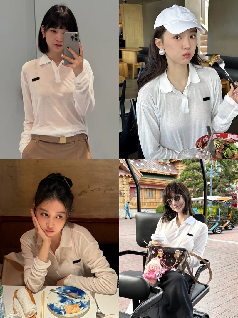 薄如蝉翼 徽标刺绣POLO领轻薄柔软透气宽松防晒白色长袖T恤80073