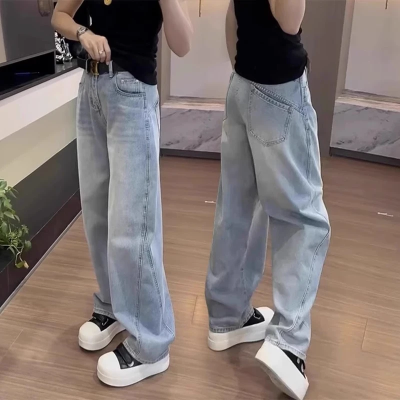 大码复古弯刀牛仔裤女夏季胖mm梨形身材宽松高腰显瘦直筒阔腿裤子