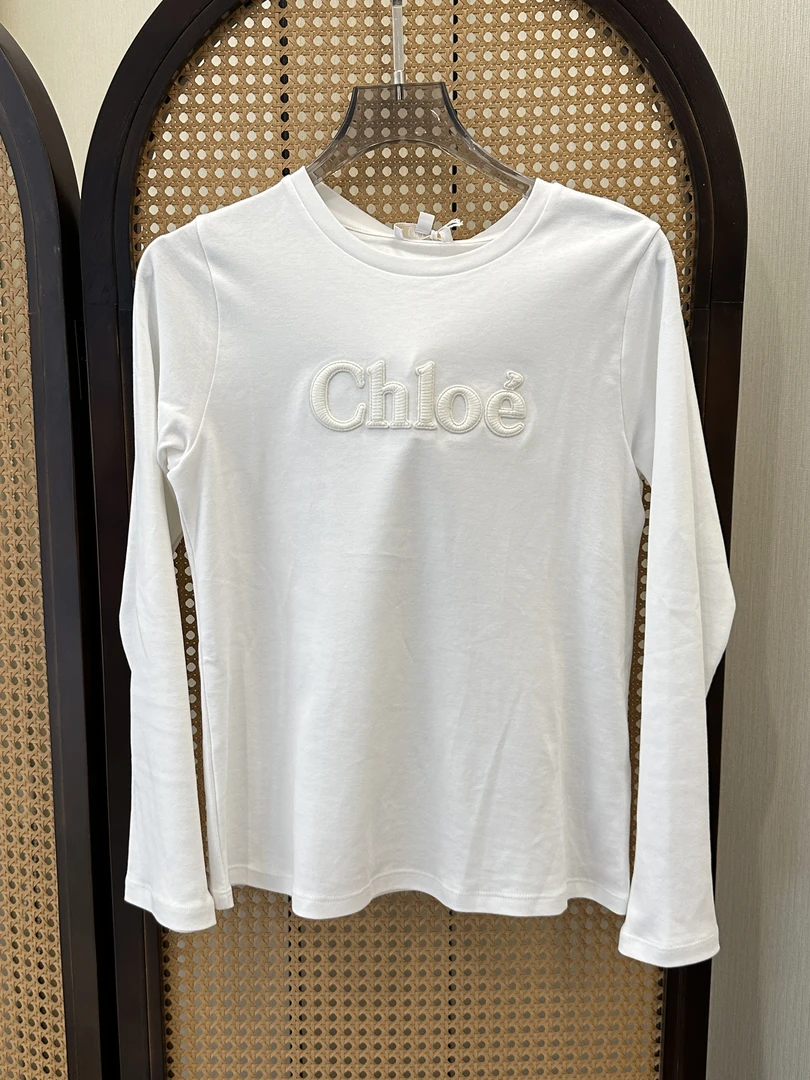 未使用 Chloe/蔻依  圆领套头字母Logo宽松长袖T恤 白色
