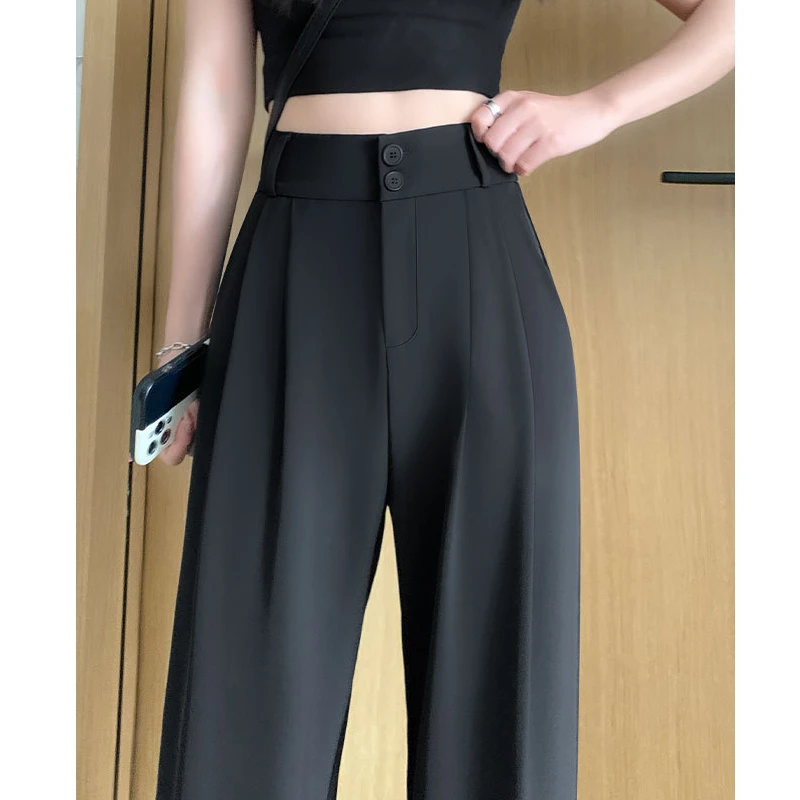 窄版阔腿裤女2025春秋新款高腰垂感直筒休闲裤大码双扣拖地西装裤
