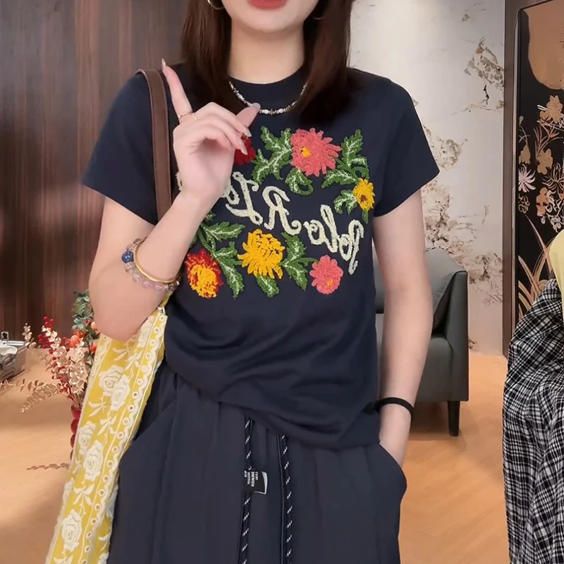 2025春夏新款短袖花朵刺绣T恤衫上衣LK2502829