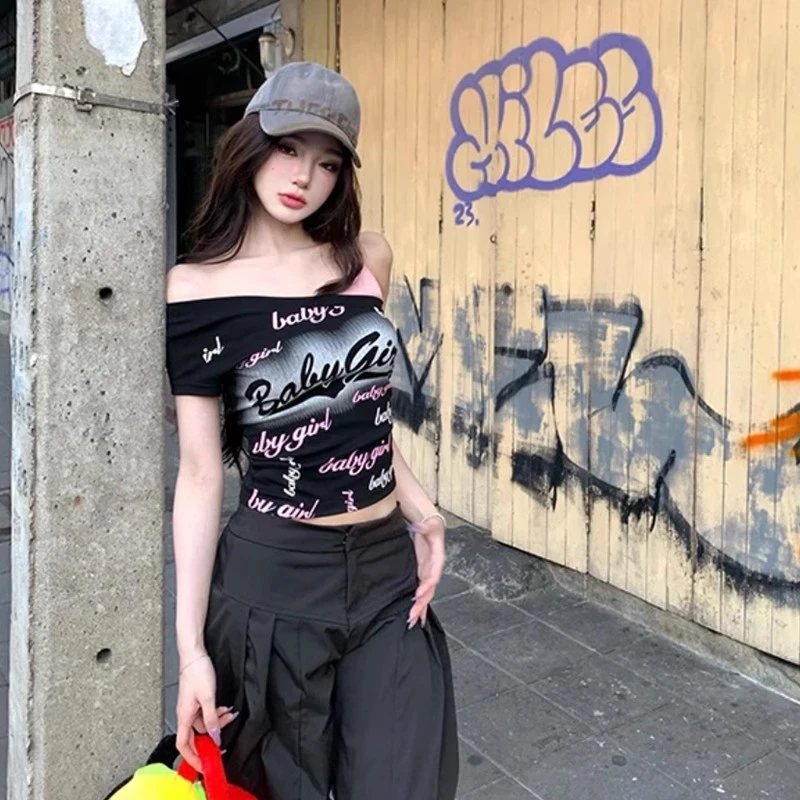 pinkmoon|| 春夏新款黑色斜肩性感辣妹修身显瘦印花T恤女纯欲上衣