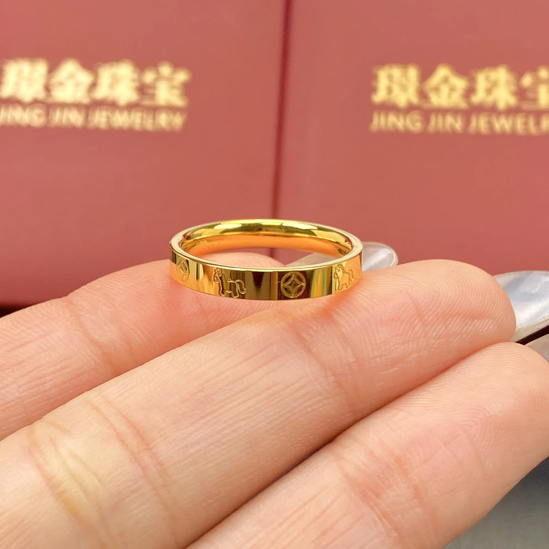 璟金珠宝足金999黄金马年时尚亮面满圈马上有钱戒指圈口可选