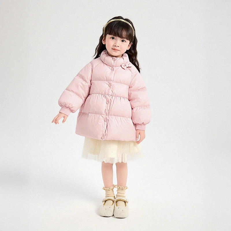 笛莎女宝羽绒服中长款秋冬蝴蝶结立领宝宝外套保暖洋气-132556514