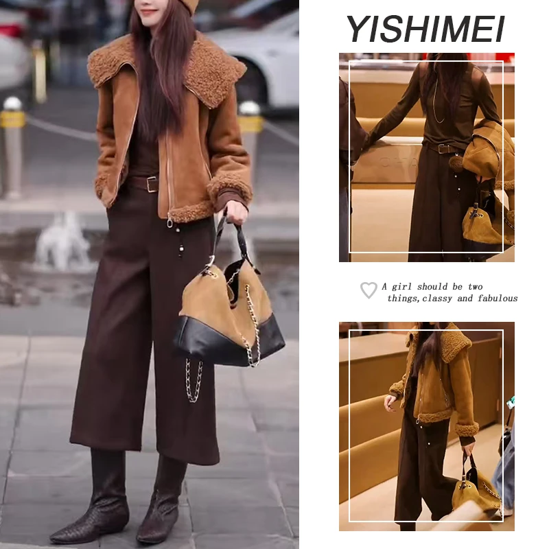 秋冬时尚穿搭2025年新款百搭长袖打底衫短款外套高腰休闲裤三件套