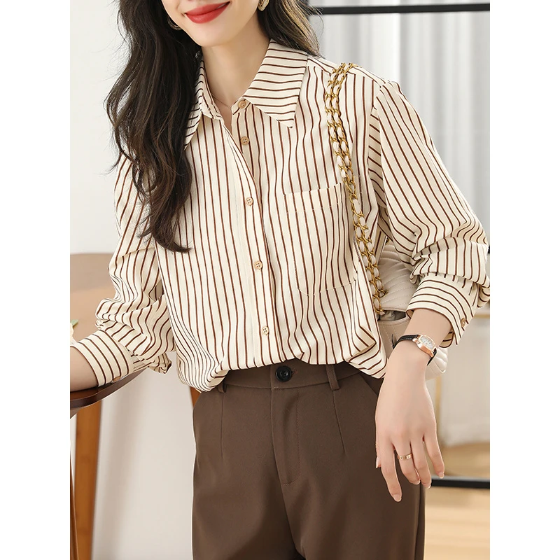 春季宽松衬衫条纹拼接翻领女士长袖常规春秋衬衣老钱风松弛感女装