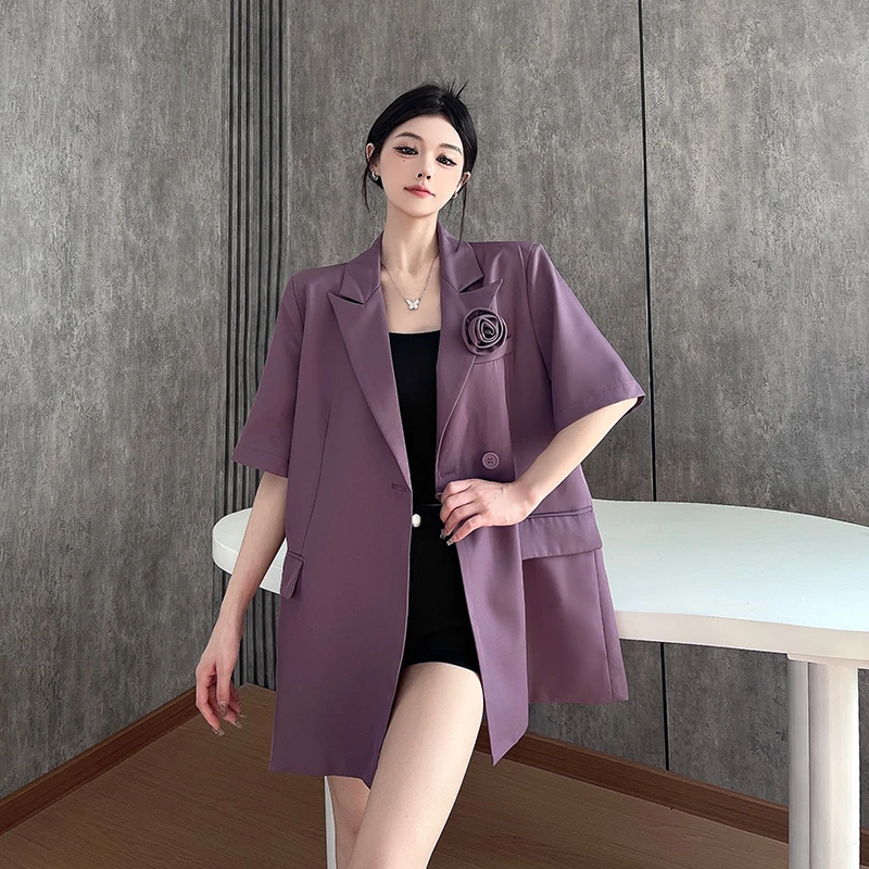 2025超火轻奢紫色短袖西装外套女夏季高级设计感立体花朵垫肩西服