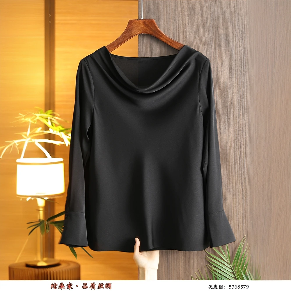 真丝双乔长袖女衬衫设计感小众2025春季新款桑蚕丝一字领荡领上衣