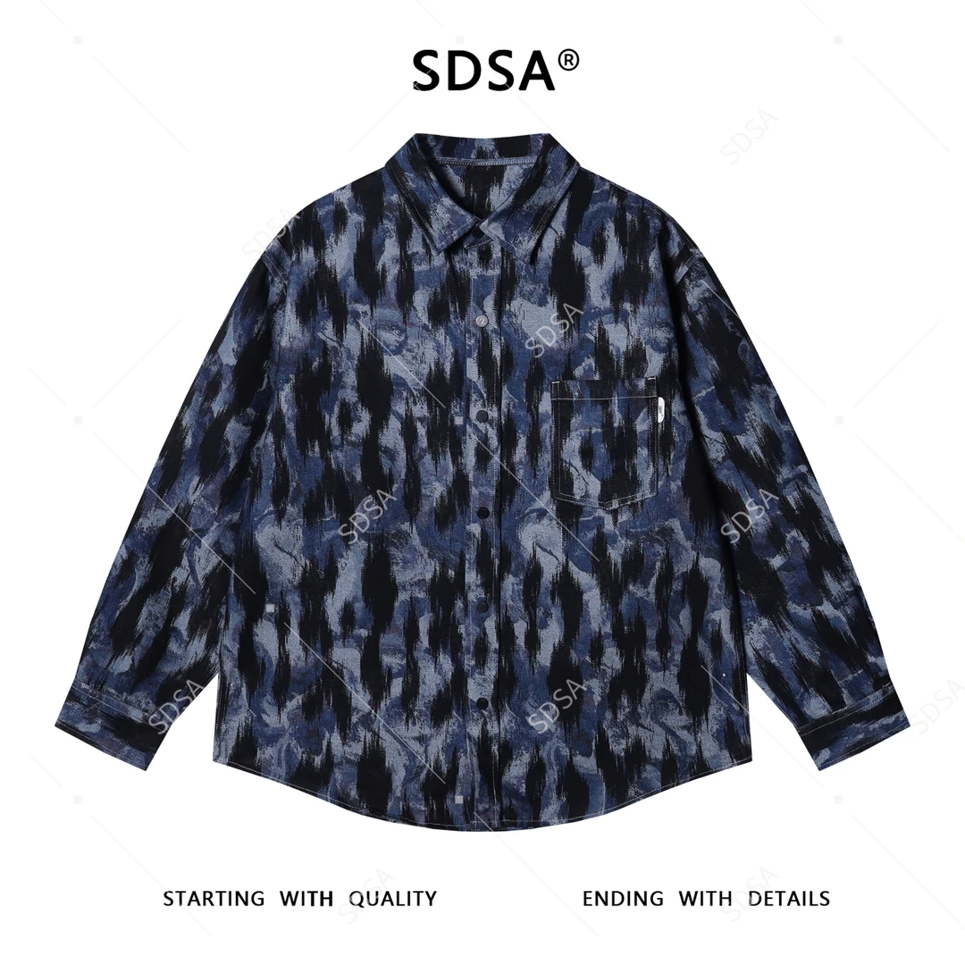 SDSA秋冬新款痞帅男装嘻哈复古撞色印花纽扣翻领长袖衬衫百搭衬衣