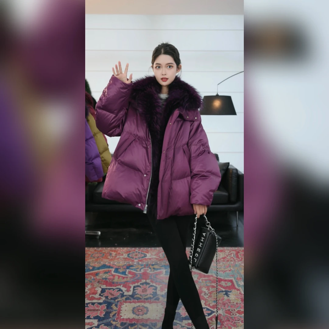 [90鹅绒]紫棠色鹅绒服毛领女冬外套时尚羽绒服24181