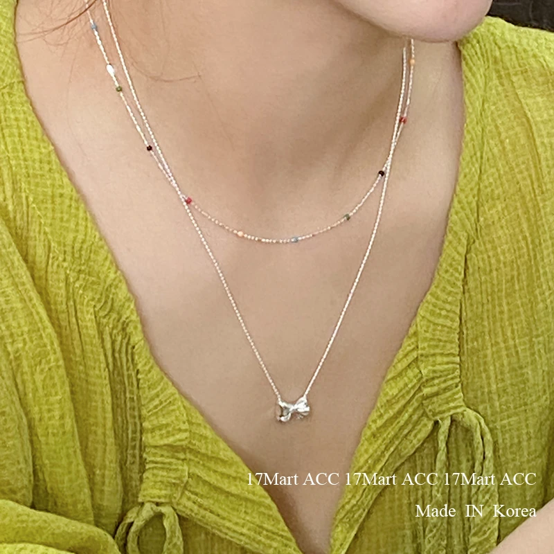 坠链均925银 韩国饰品S925纯银蝴蝶结可调节项链小众长款锁骨链