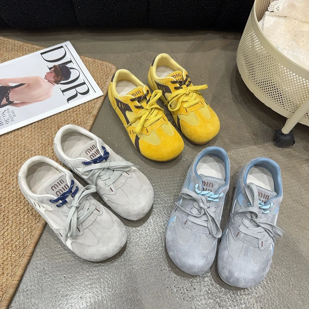 9088 夏季新品女真皮拼色网面系带休闲百搭软底潮德训鞋潮内增高