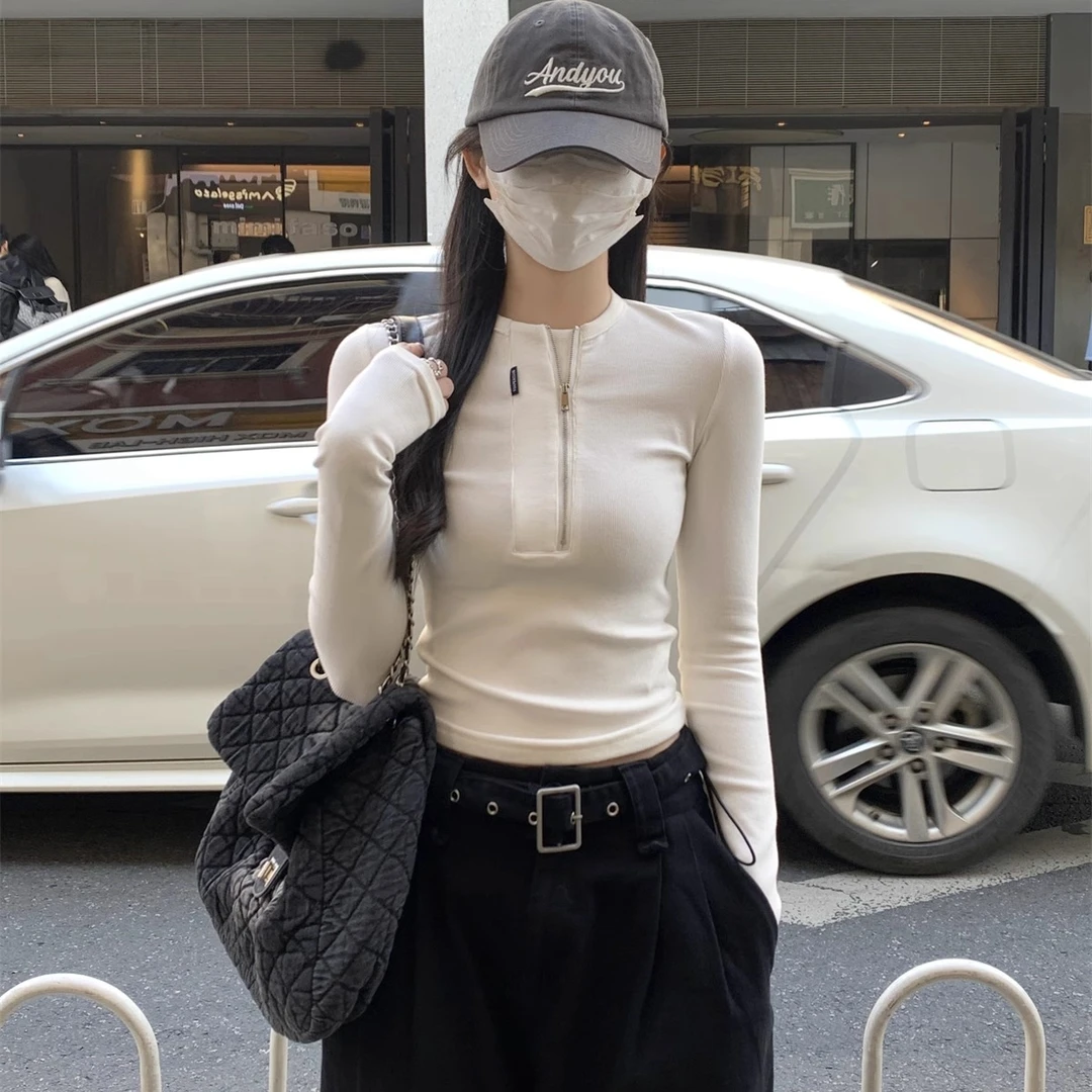 设计感半拉链正肩长袖t恤女2025冬季辣妹紧身内搭打长袖加绒t恤