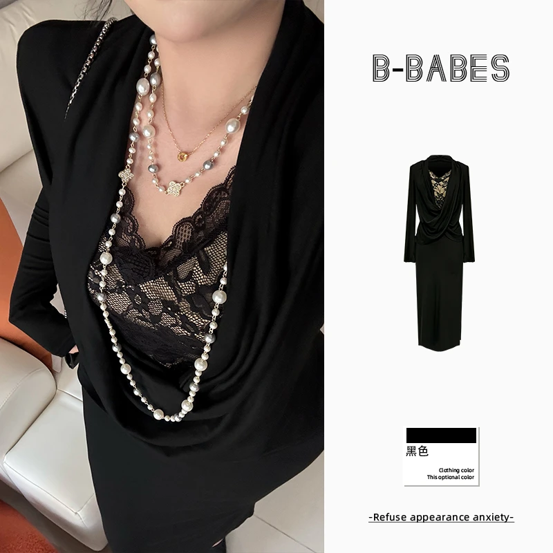 B-babes【黑名伶】性感蕾丝v领气质礼服裙随性独特内搭长袖包臀裙