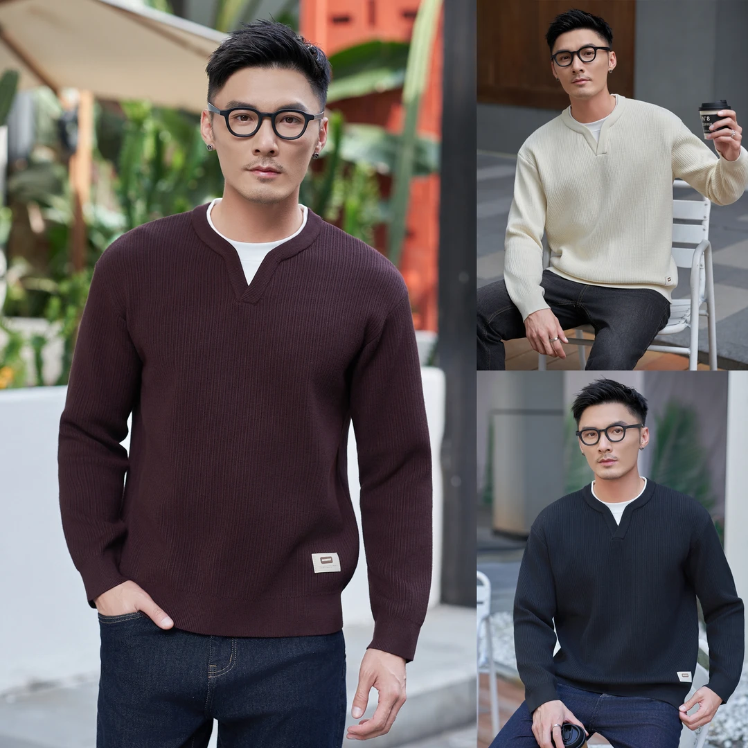 【树邦实体】秋冬拼接假两件老钱风针织衫保暖简约男百搭毛衣时尚