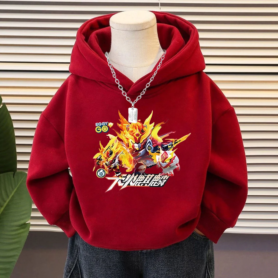 秋冬新款童装加绒连帽红色卫衣机甲蛋仔衣服男女中小儿童长袖上衣