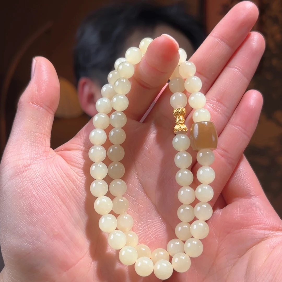 颈饰银S925镶嵌和田玉黄口妈妈链8mm460