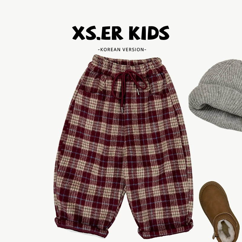 【小首尔】男女童加绒加厚简约韩版格子裤百搭宽松裤子HBB6640