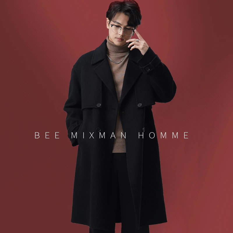 双排扣羊毛呢大衣男长款过膝冬季宽松休闲双面呢大衣男士男大衣