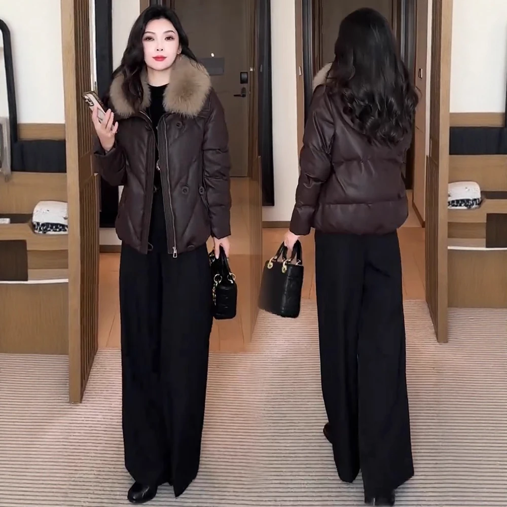 时尚大毛领PU皮棉衣外套女2025冬季新款宽松显瘦百搭减龄保暖棉服