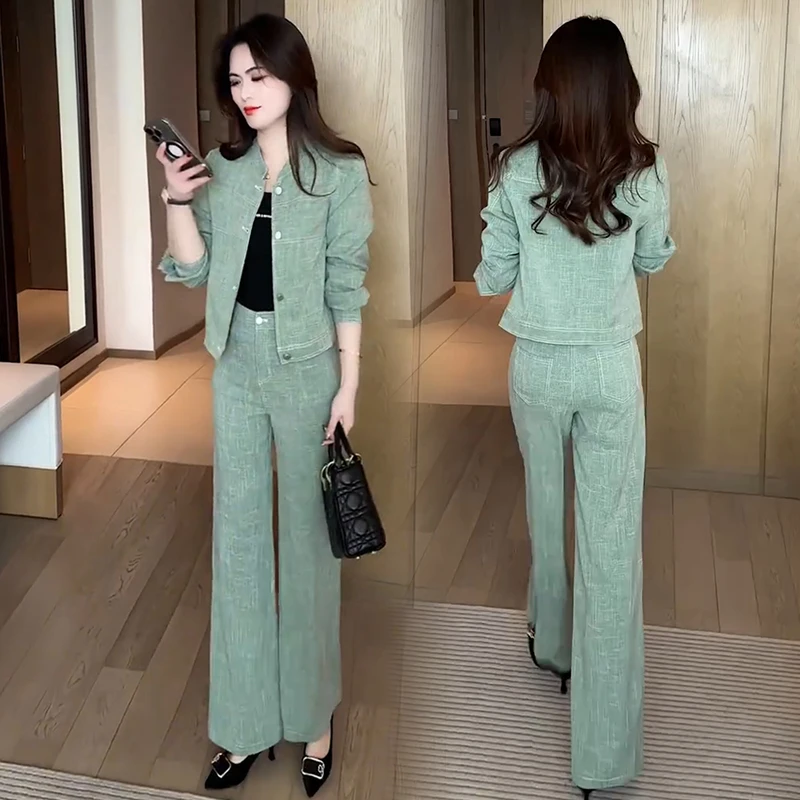 La babite休闲时尚套装春秋新款减龄立领牛仔短外套阔腿裤两件套