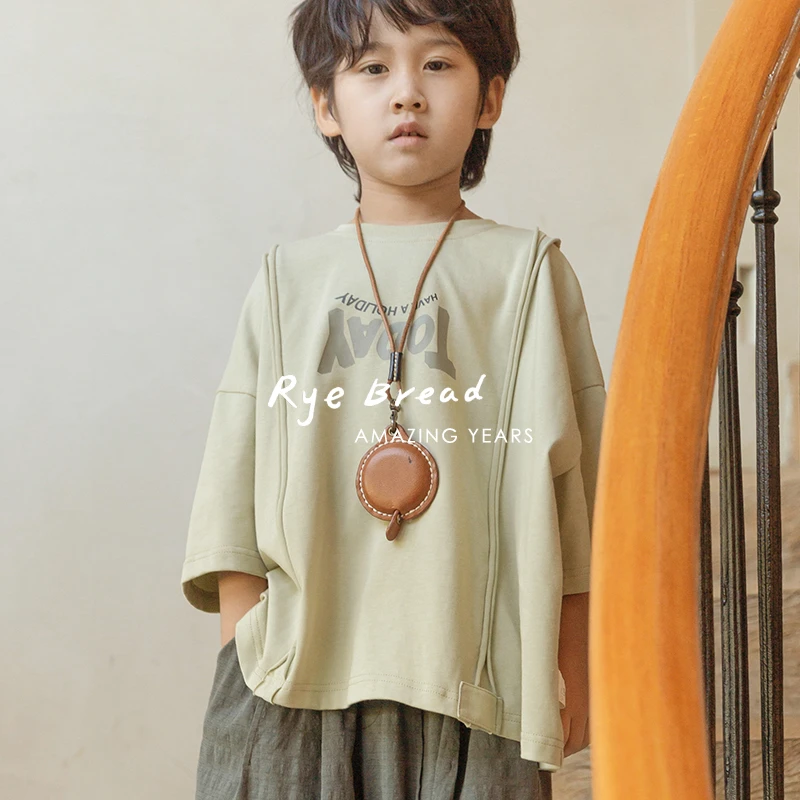 ryebread/黑面包童装 字母印花男中大童纯棉拼接短袖T恤4夏玲玲