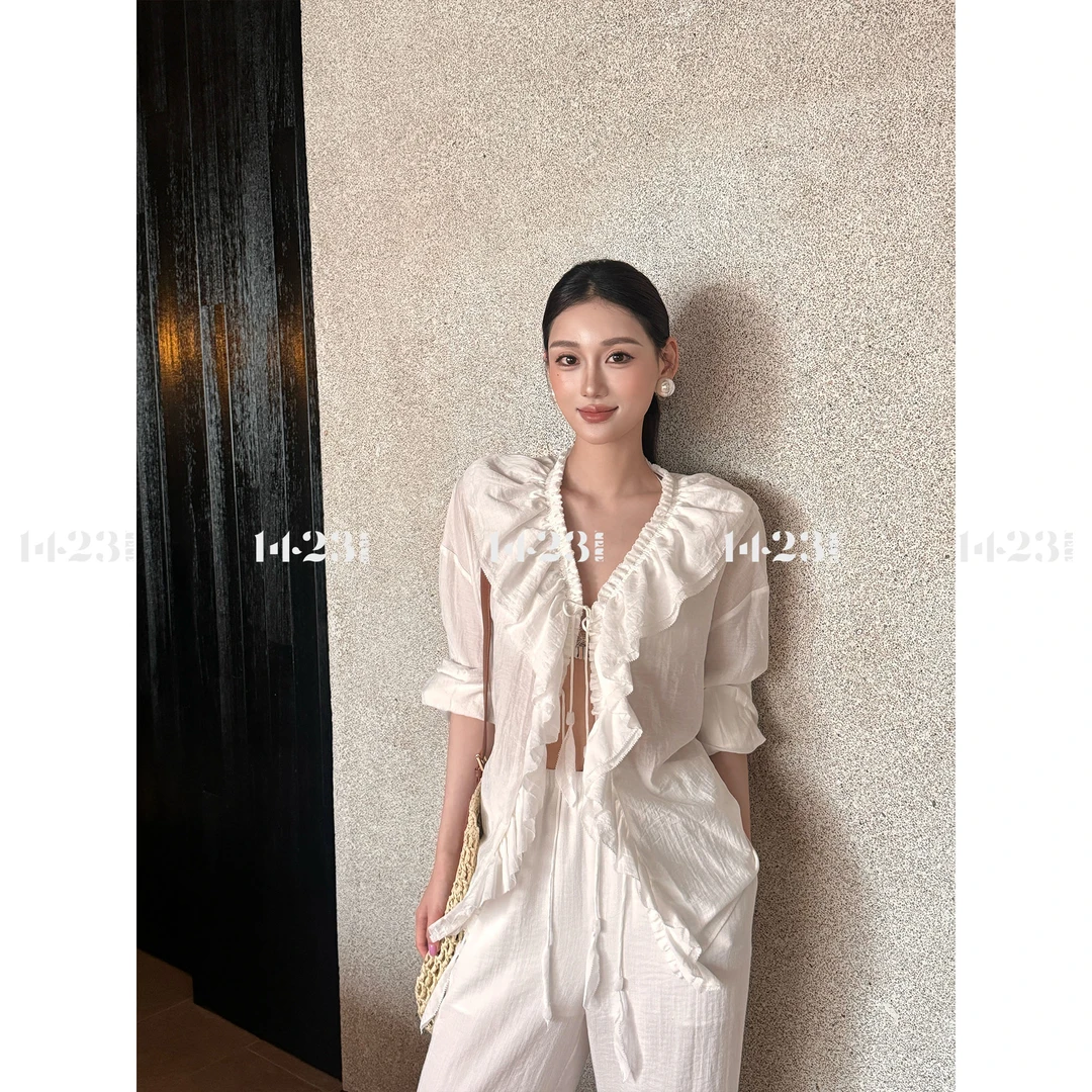 1423【南法遐想】荷叶边设计轻奢微透薄款冰凉透气防晒长袖衬衫