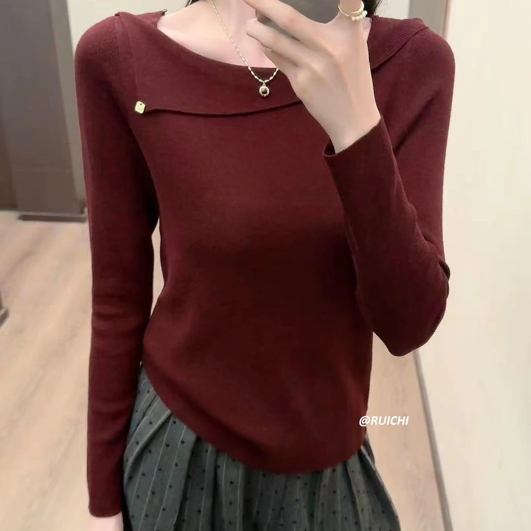 2025秋季新款一字领斜肩长袖高级洋气显瘦修身薄款针织衫上衣女