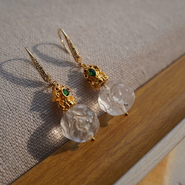 樊仙文创手作天然白水晶凤九尾狐狸耳环女