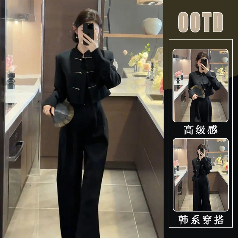2025春季新款新中式气质高级短款黑色外套长裤老钱风禅意套装女装