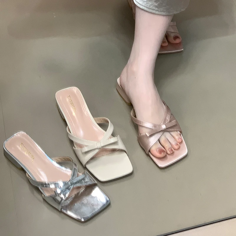 温柔晚晚风方头细带仙女一字露趾凉拖鞋女夏季外穿蝴蝶结显瘦