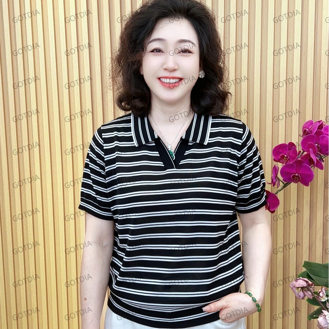 【经典翻领条纹短袖】100%莱赛尔兰精天丝（2566）大码女装夏季宽松