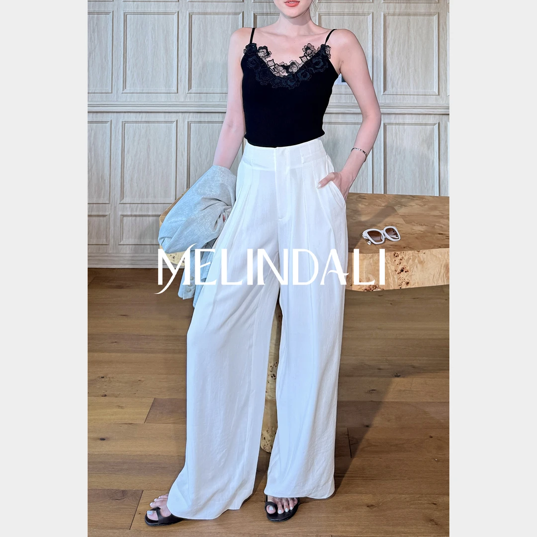 Melinda Li【抗皱神裤】私服醋酸高腰压褶系带宽松阔腿通勤直筒裤