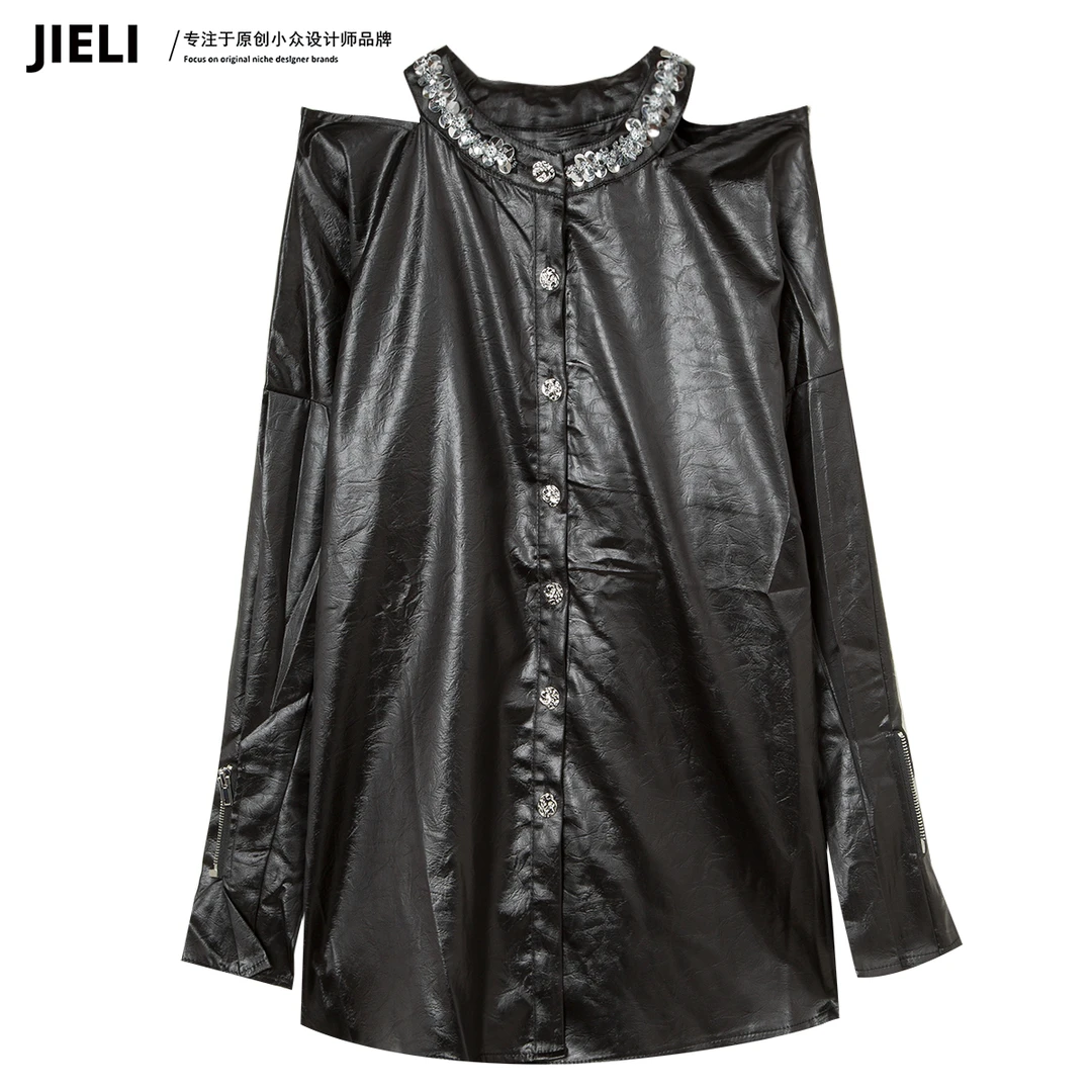 JIE LI/街力 长袖T恤女春秋季高级感显瘦黑色衬衫女W635