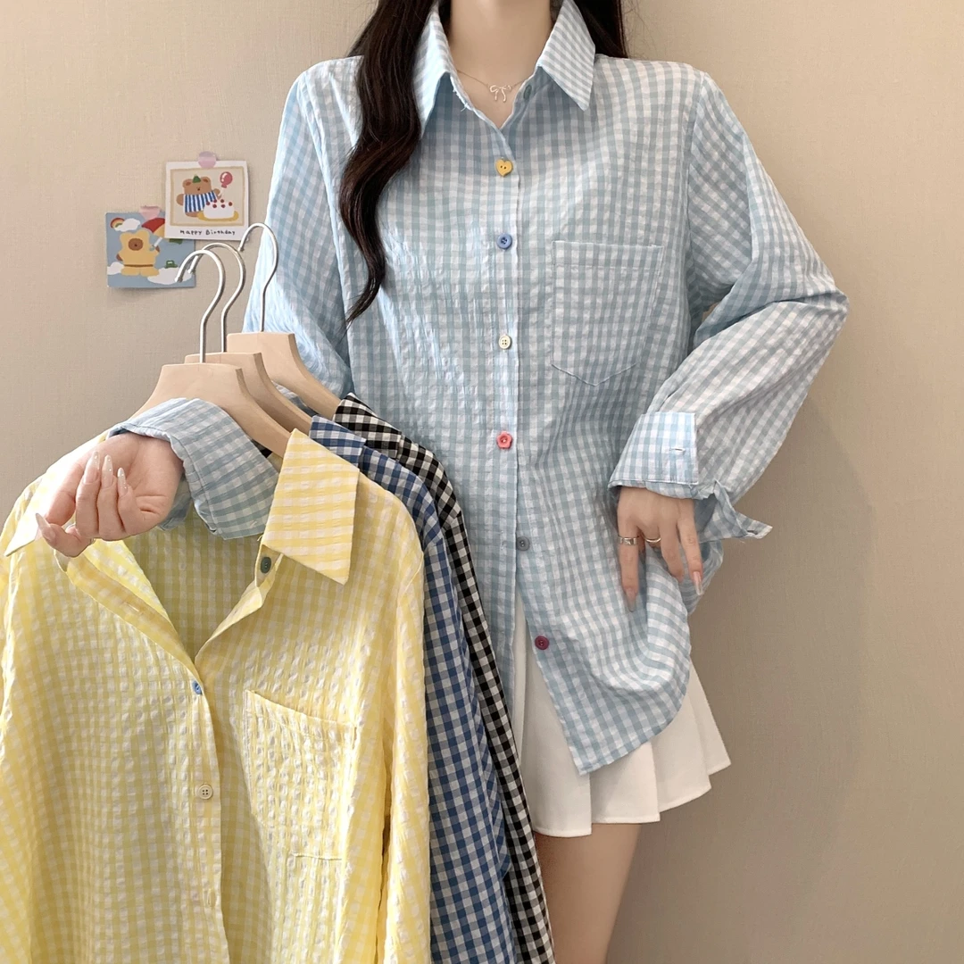 韩系慵懒风格纹衬衫女长袖薄款外套春季慵懒风薄款领开衫