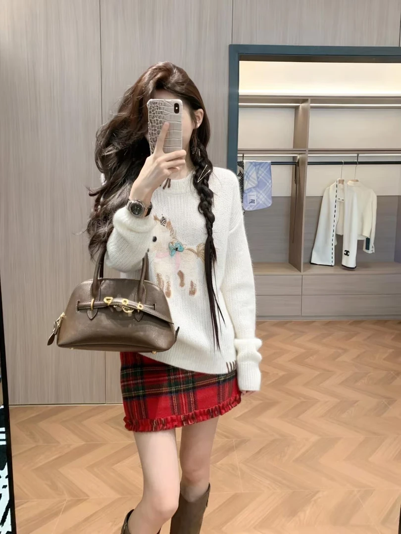 春秋新款时尚洋气百搭女装韩版慵懒风宽松针织毛衣高腰短裙套装