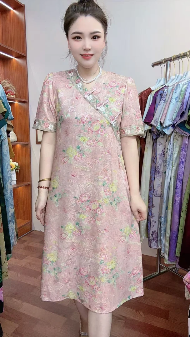 【牡丹刺绣】斜襟夏季新中式碎花连衣裙女装中国风显瘦裙子妈妈装