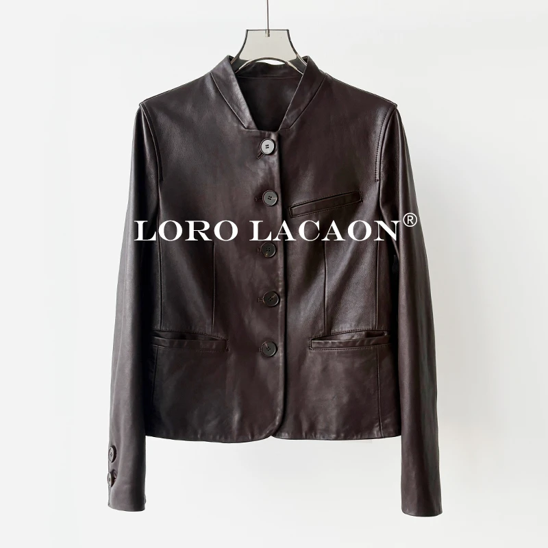 以赛亚 意式极简 秋冬老钱风短款立领单排扣绵羊皮真皮皮衣女8881