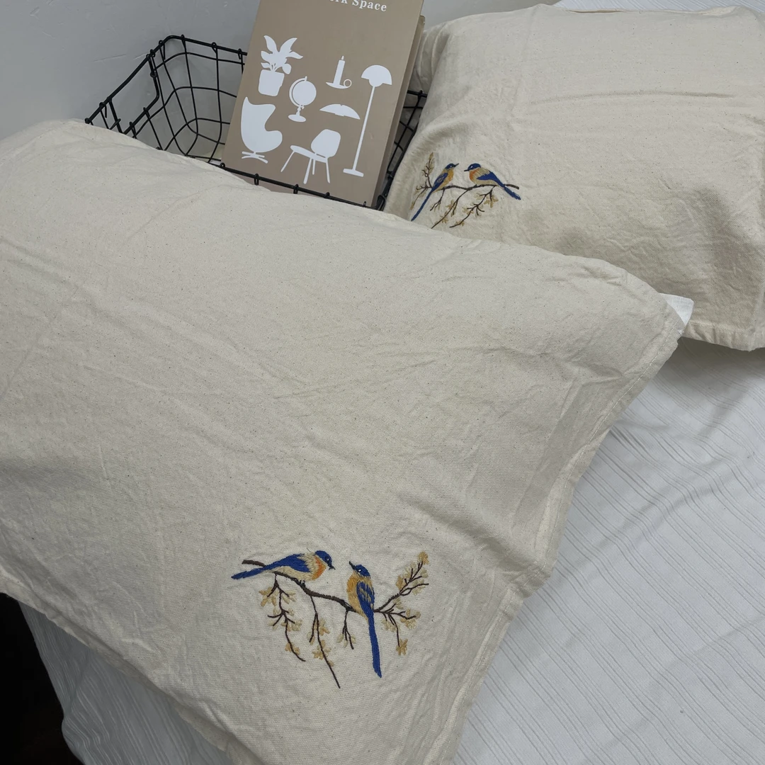 C046 刺绣情意绵绵 汉麻+棉枕巾一对