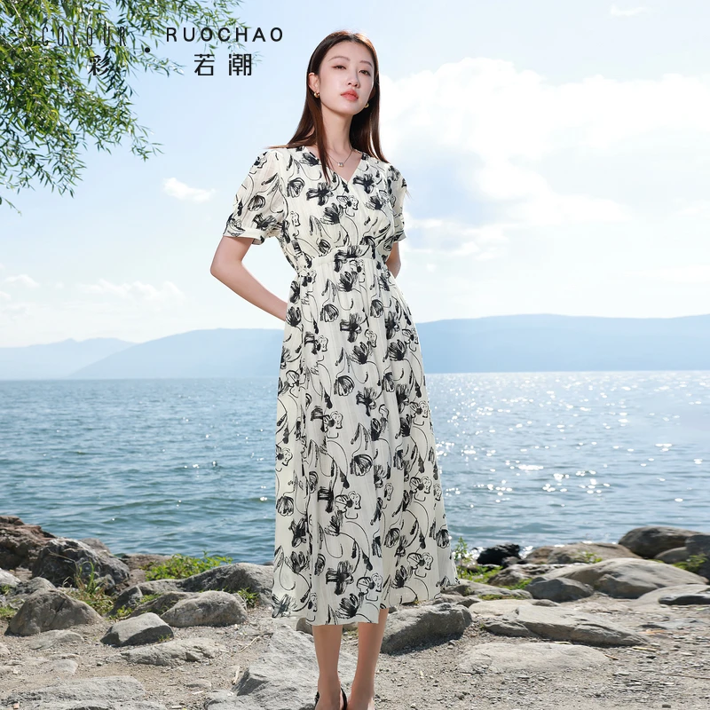 【商城专享】三彩大码女装V领印花连衣裙茶歇裙收腰短袖