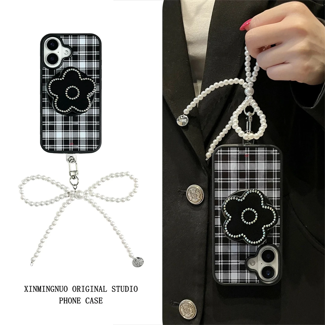 黑白格纹闪钻磁吸支架蝴蝶结适用苹果16pro手机壳iPhone15pro新14
