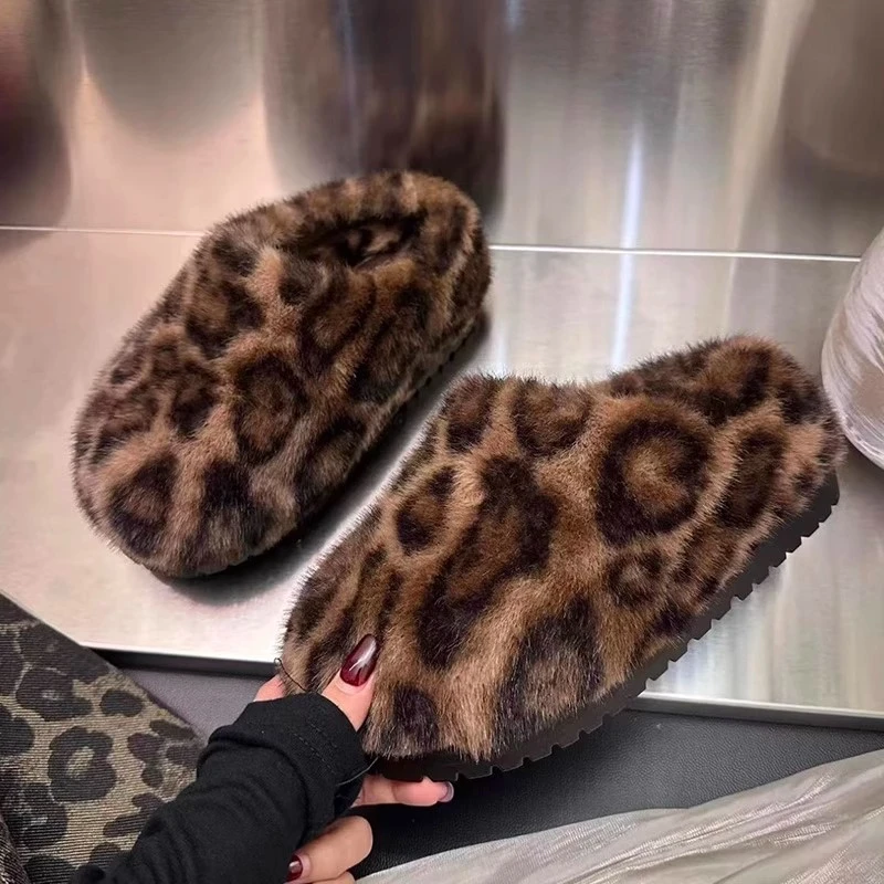 增高6cm厚底豹纹包头棉拖鞋女外穿2025秋冬新款高跟毛毛鞋高级感