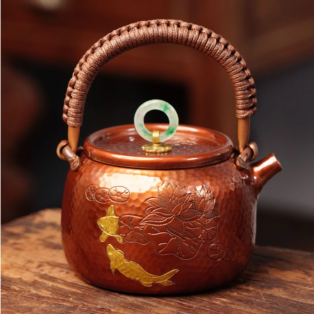 茶诵-纯手工紫铜鱼戏荷莲年有鱼加厚家用复古泡茶铜壶烧水壶