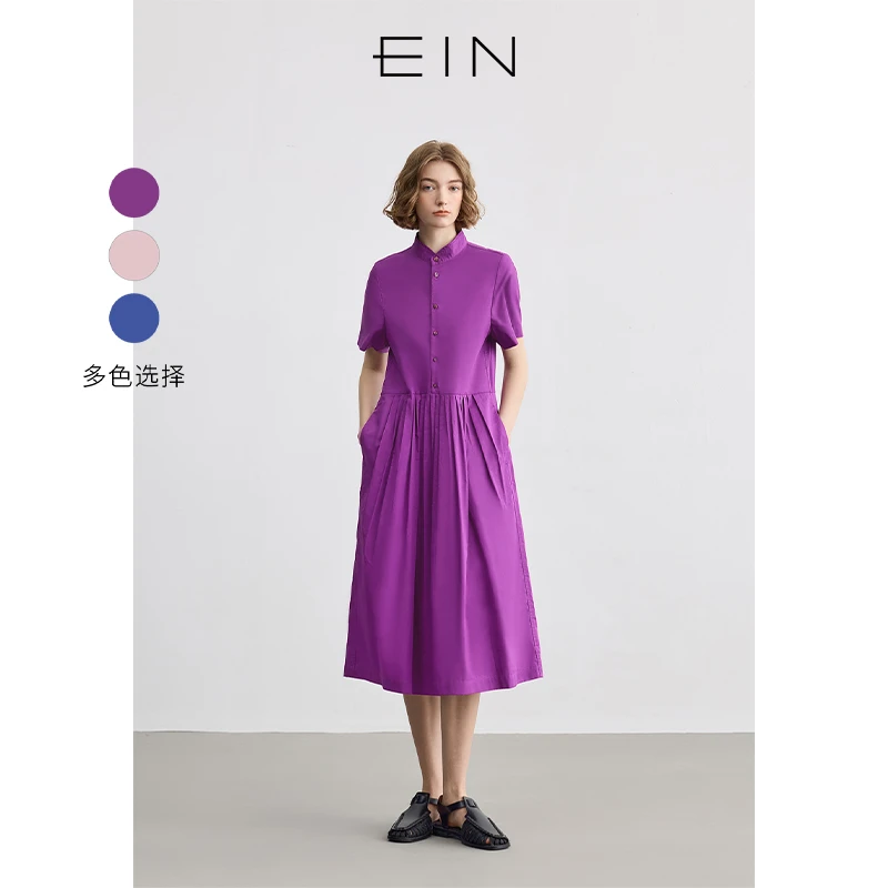EIN/言简约优雅高腰收褶立领短袖文艺纯棉连衣裙女2025春夏新款