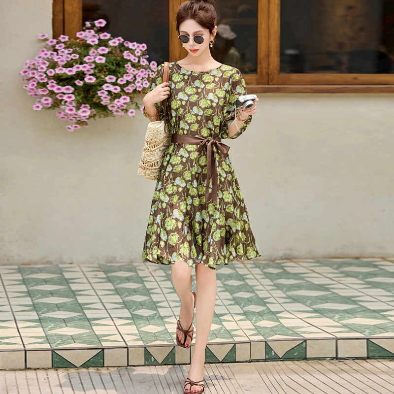 时尚印花连衣裙女夏2025新款小个子收腰显瘦休闲洋气减龄碎花裙子