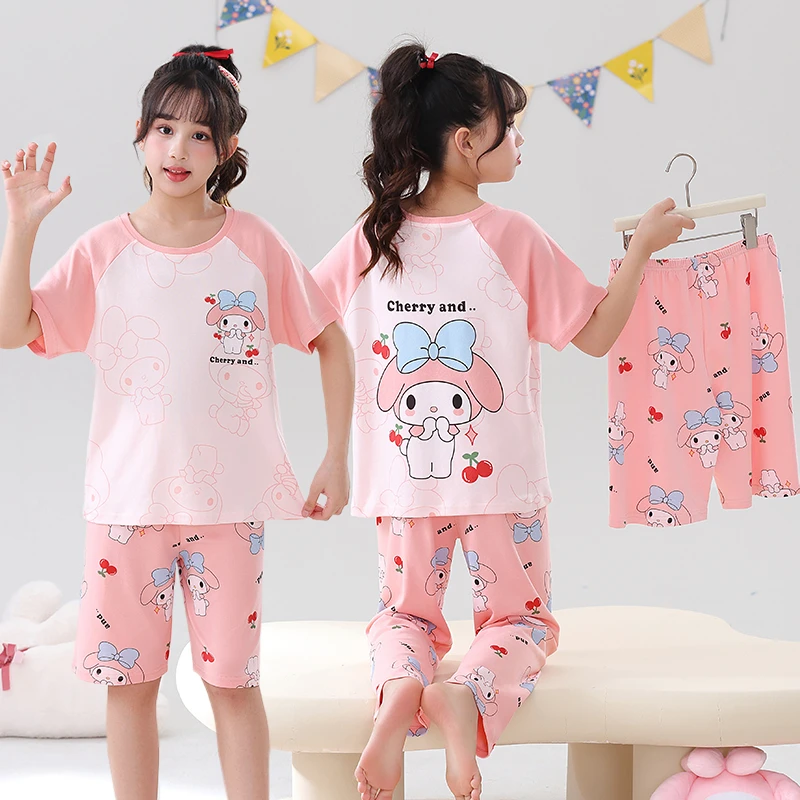 儿童款卡通睡衣女童夏季新款短袖大童小女孩薄款三件套家居服套装