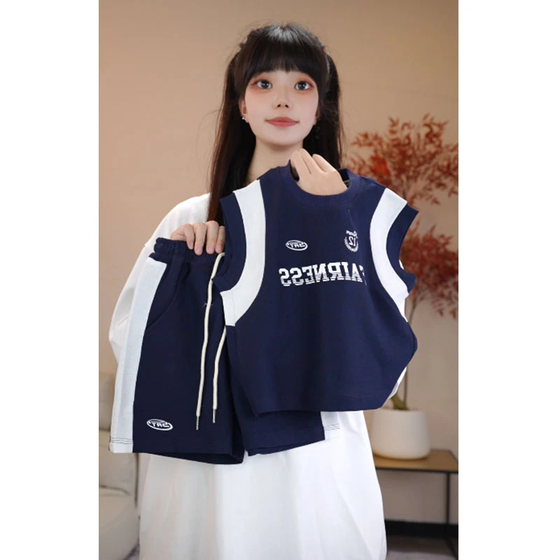 【实体品质】夏装时尚宽松极简风夏季男女炸街运动风背心套装中大童