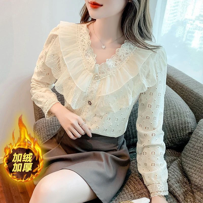 加绒加厚秋冬款打底衫女减龄荷叶边被打蕾丝衫洋气百搭小衫上衣