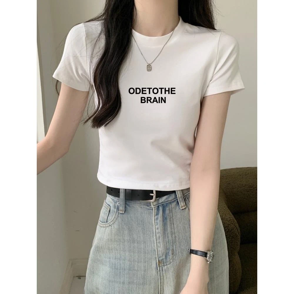 正肩短袖t恤女春夏季短款小众设计感甜酷风修身显瘦小个子打底衫